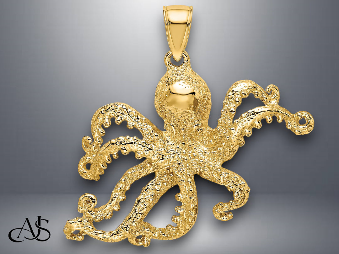 14K Yellow Gold Textured Octopus Charm with Necklace Chain Options
