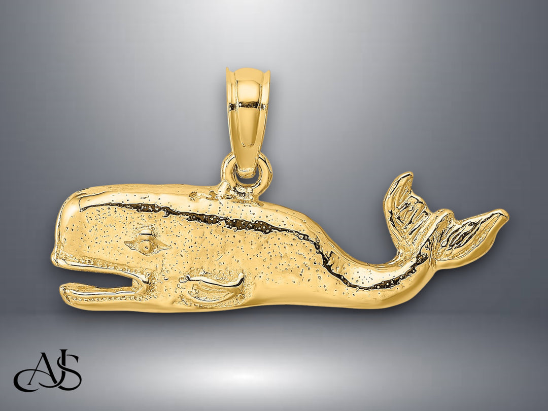 14K Yellow Gold 2-D Textured Whale Charm with Necklace Chain Options
