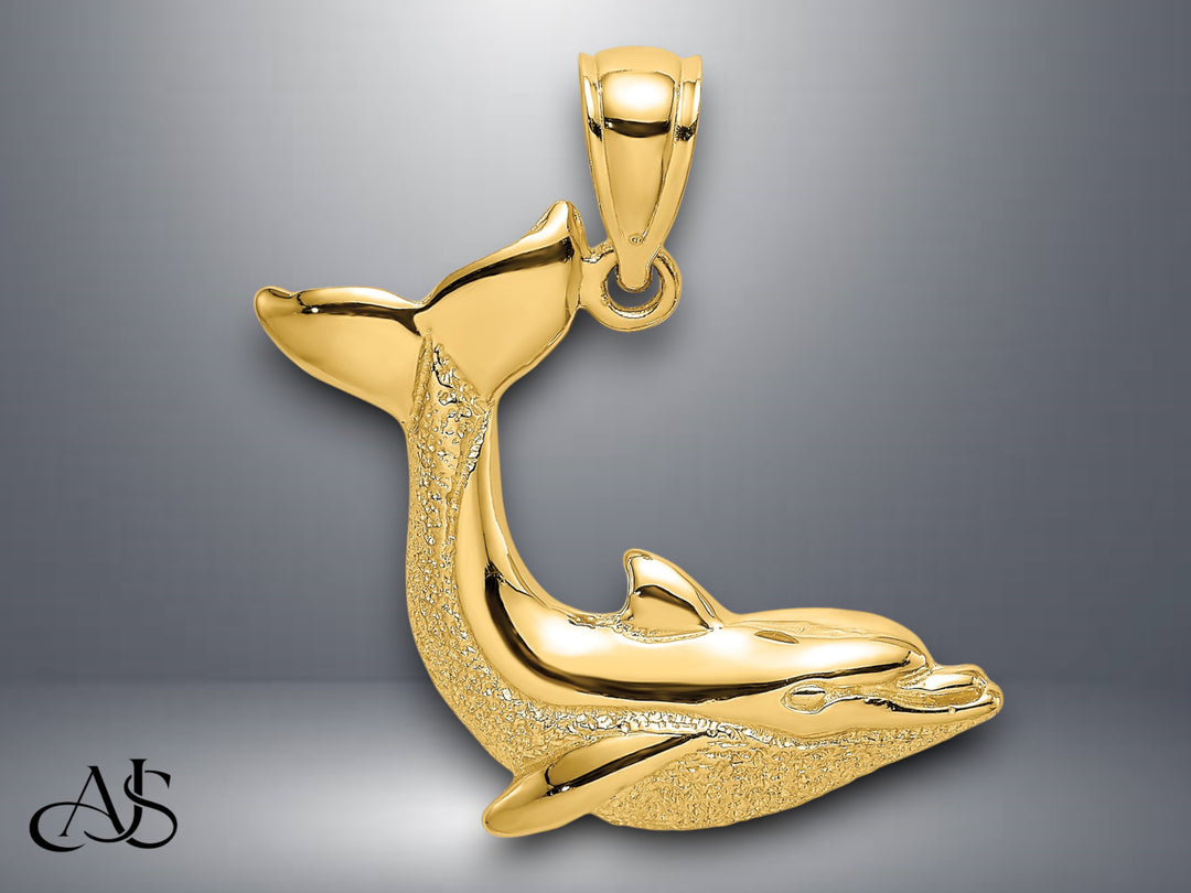 14K Yellow Gold 2-D Textured Dolphin Jumping Charm with Necklace Chain Options