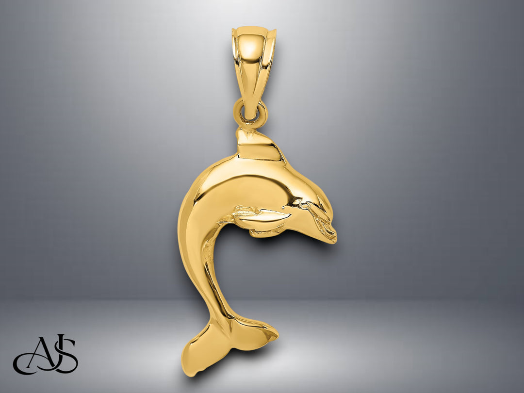 14K Yellow Gold Jumping Dolphin Polished 2-D Charm with Necklace Chain Options