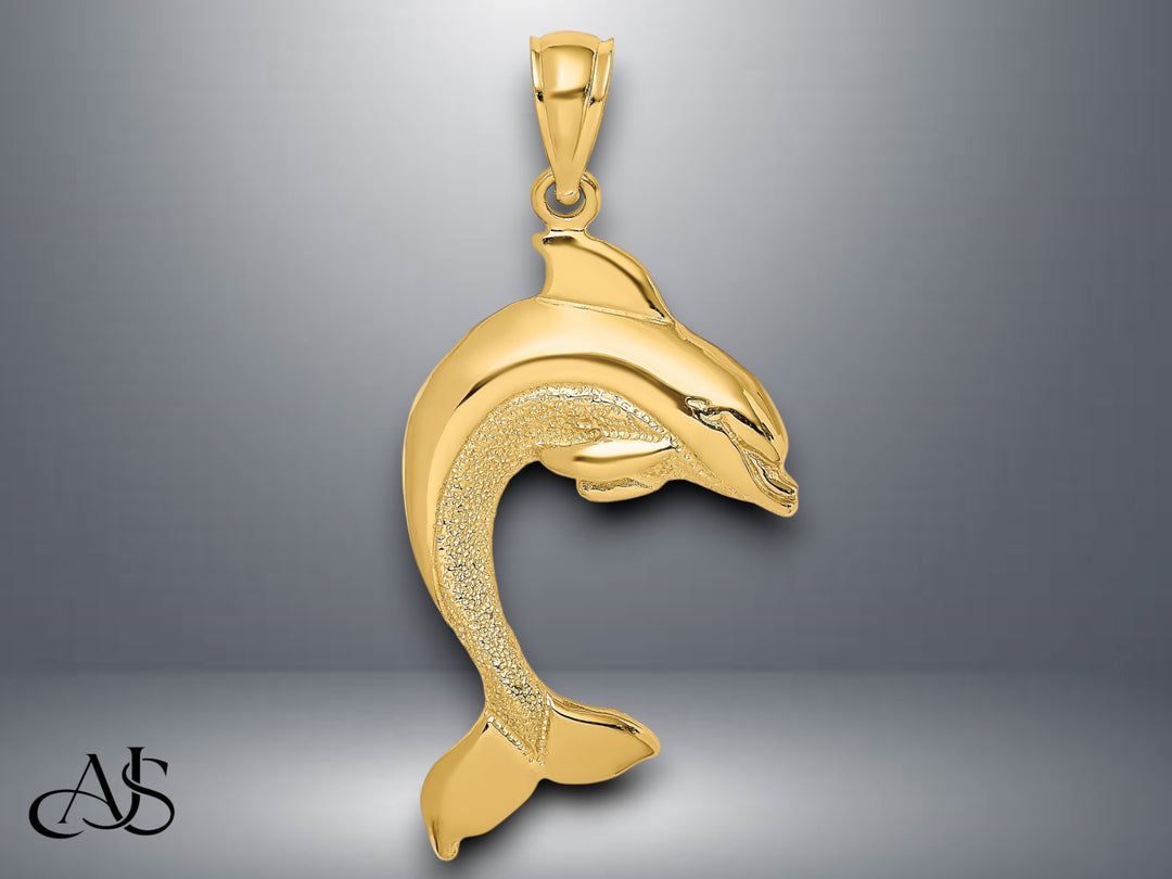 14K Yellow Gold Polished Dolphin Jumping 2-D Charm with Necklace Chain Options