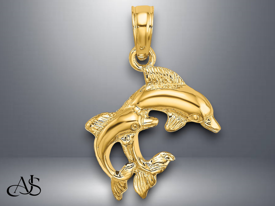 14K Yellow Gold Polished 2-D Mini Double Dolphins Charm with Necklace Chain Options