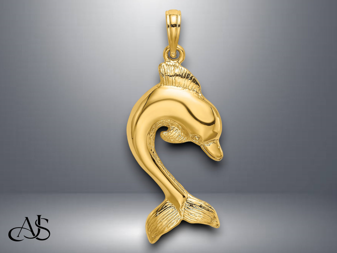 14K Yellow Gold 2-D Polished Dolphin Jumping Charm with Necklace Chain Options