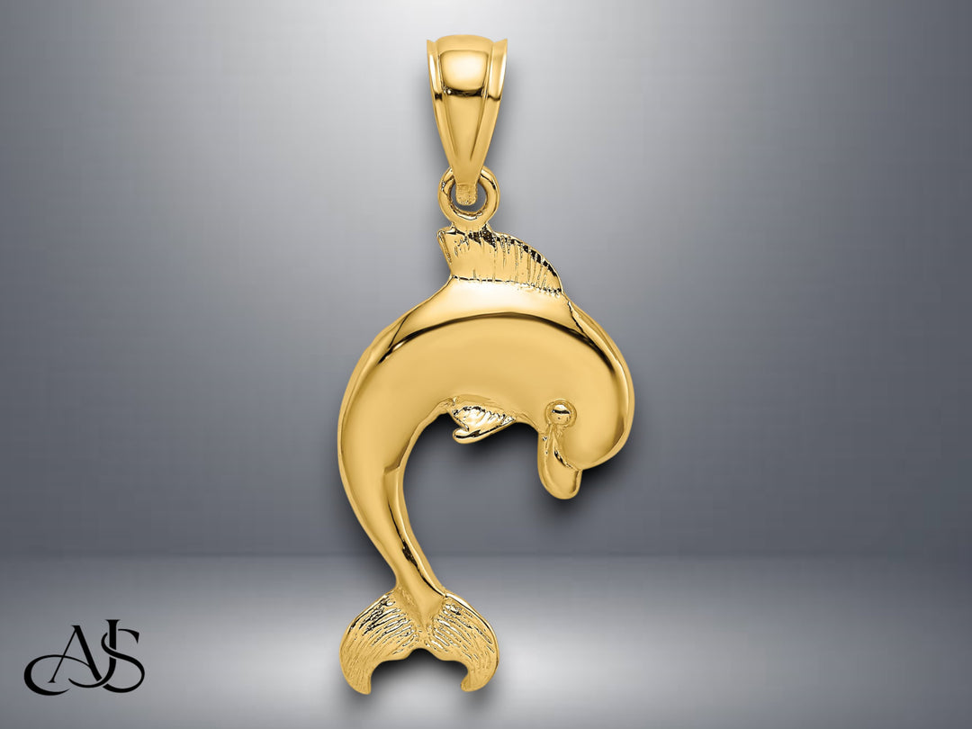14K Yellow Gold Polished Jumping Dolphin Charm with Necklace Chain Options