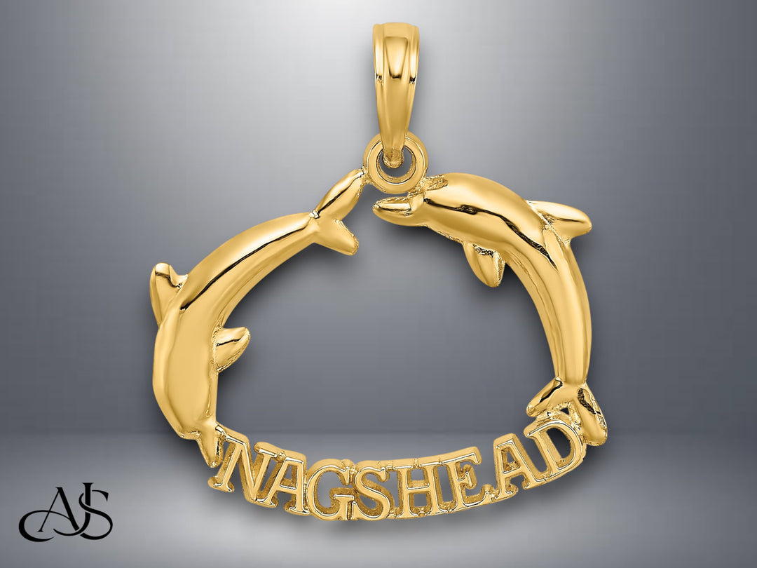 14K Yellow Gold Polished NAGS HEAD w/ Jumping Dolphins Charm with Necklace Chain Options
