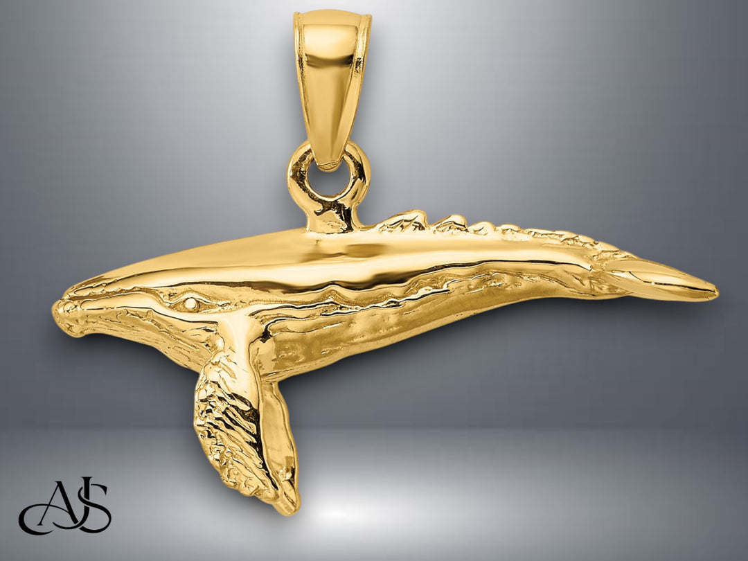 14K Yellow Gold 3-D w/ Textured Underside Humpback Whale Charm with Necklace Chain Options