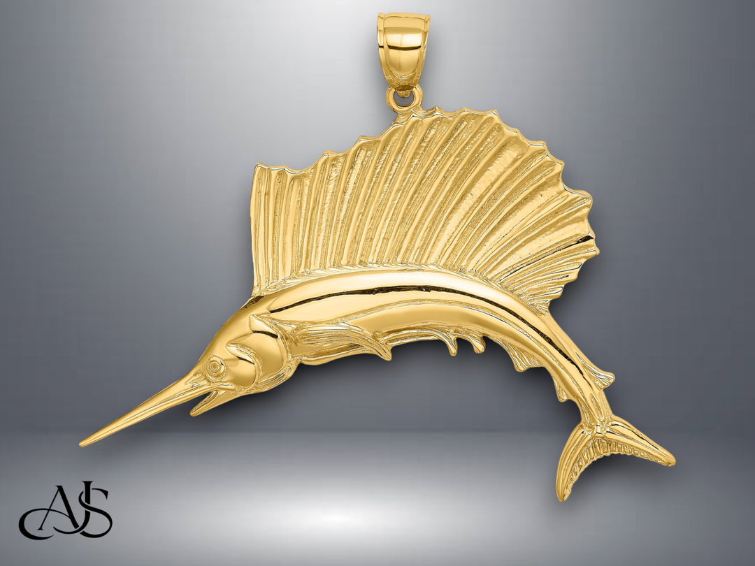 14K Yellow Gold Polished Sailfish Charm with Necklace Chain Options