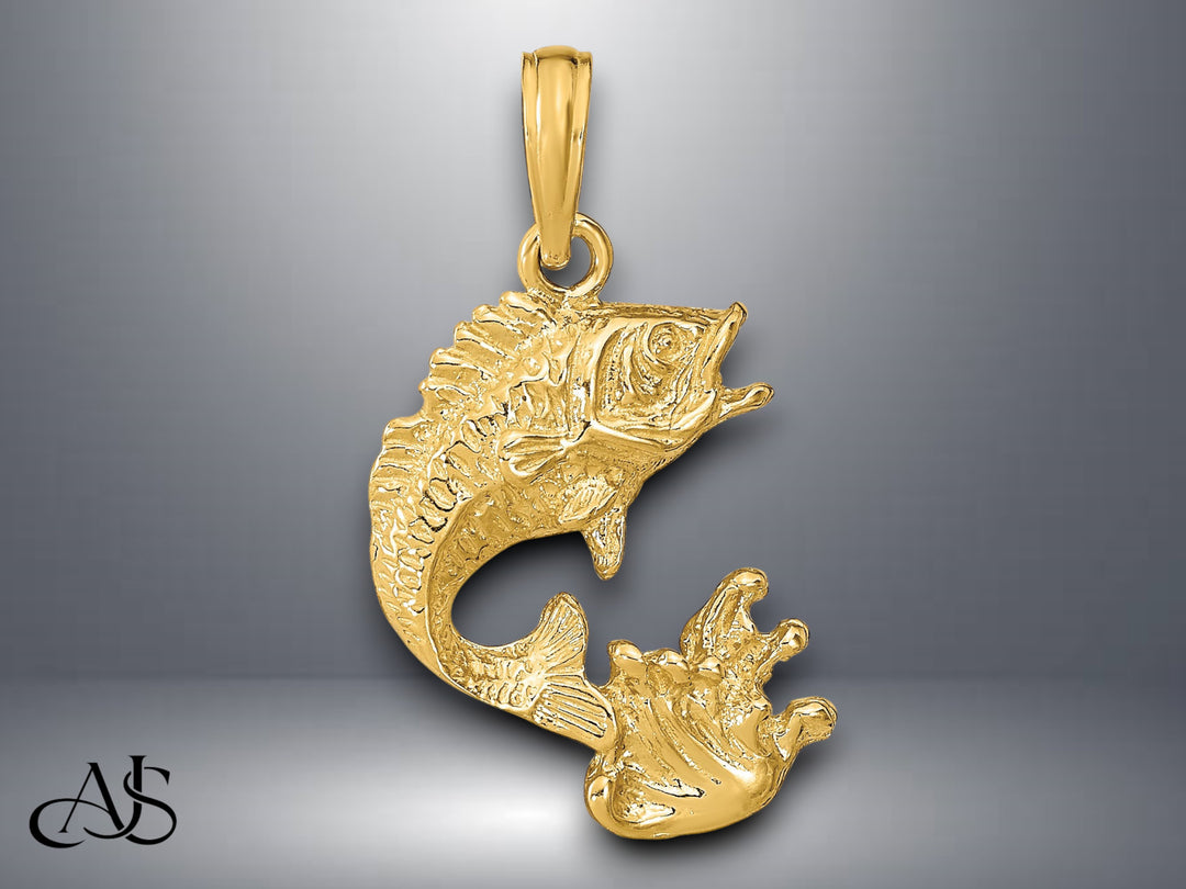 14K Yellow Gold Polished Bass Fish Pendant with Necklace Chain Options