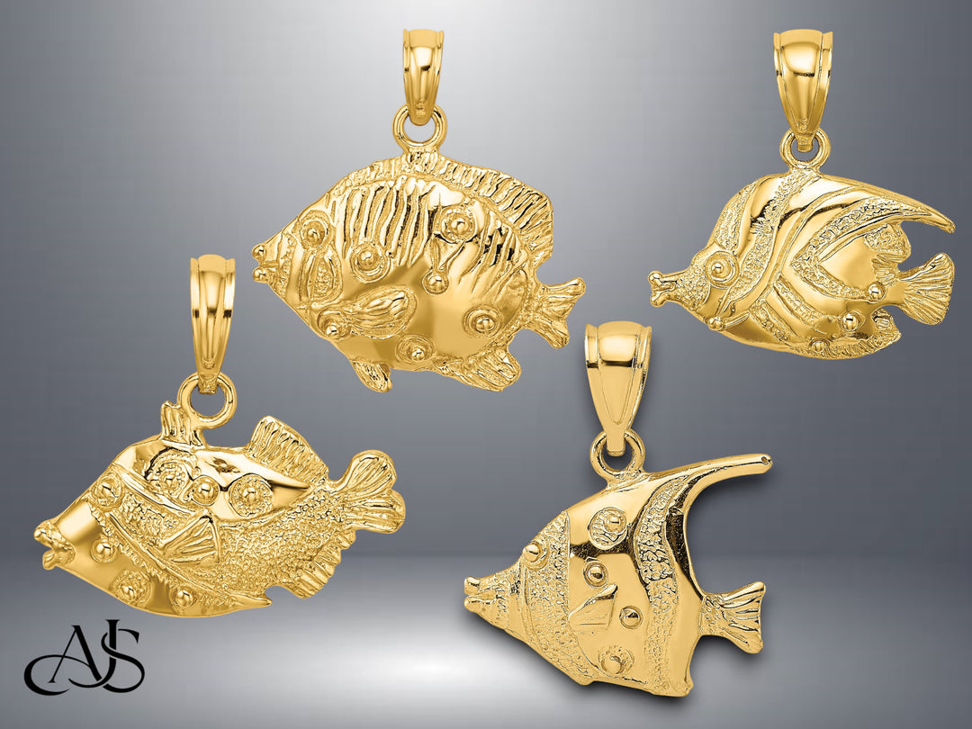 14K Yellow Gold 2-D Polished Engraved Fish Charm with Necklace Chain Options