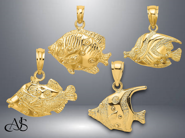 14K Yellow Gold 2-D Polished Engraved Fish Charm with Necklace Chain Options
