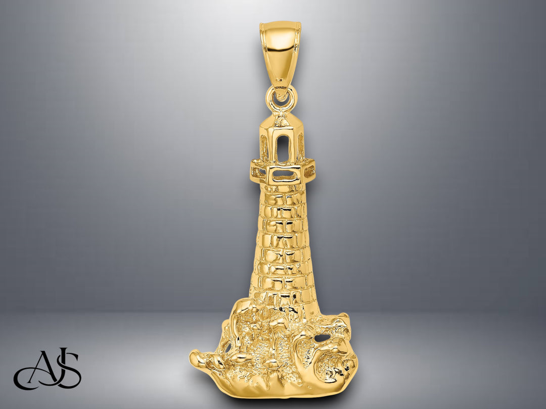14K Yellow Gold Lighthouse W/ Wave Charm with Necklace Chain Options