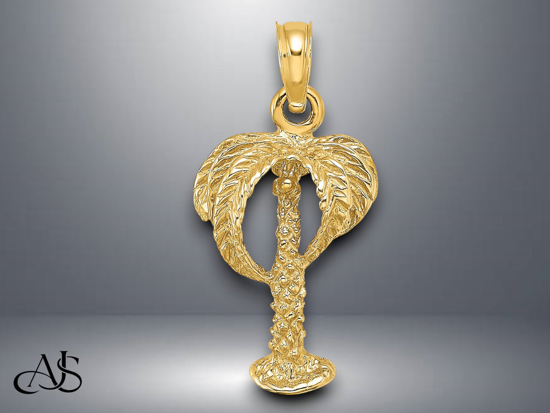 14K Yellow Gold 2-D Palm Tree w/ Coconuts Charm with Necklace Chain Options