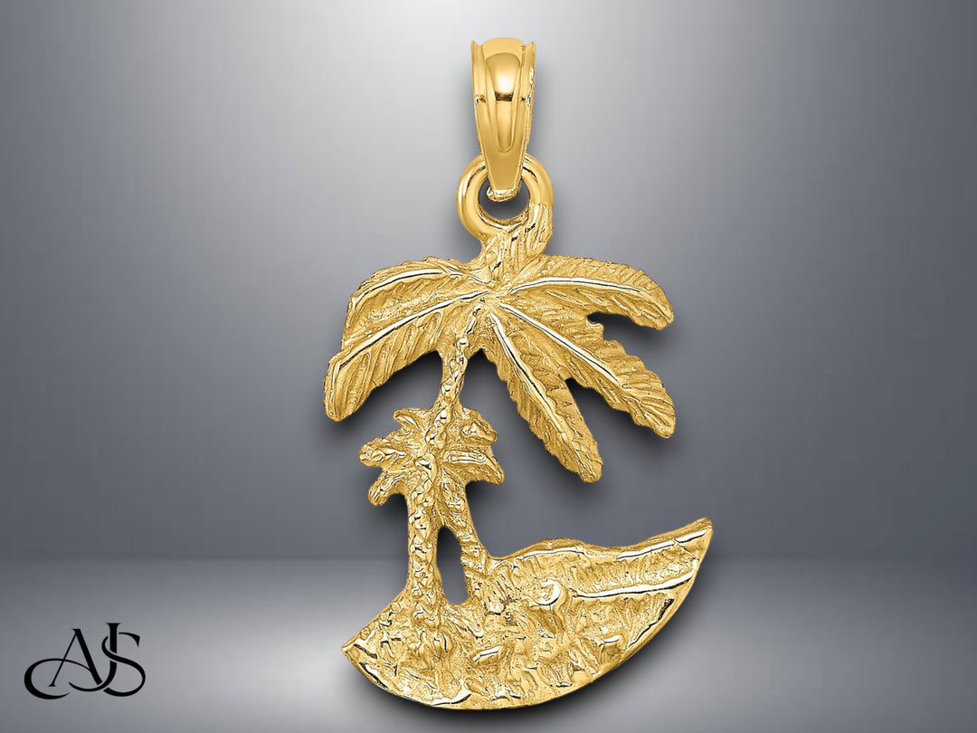 14K Yellow Gold 2-D Palm Trees On Island Charm with Necklace Chain Options