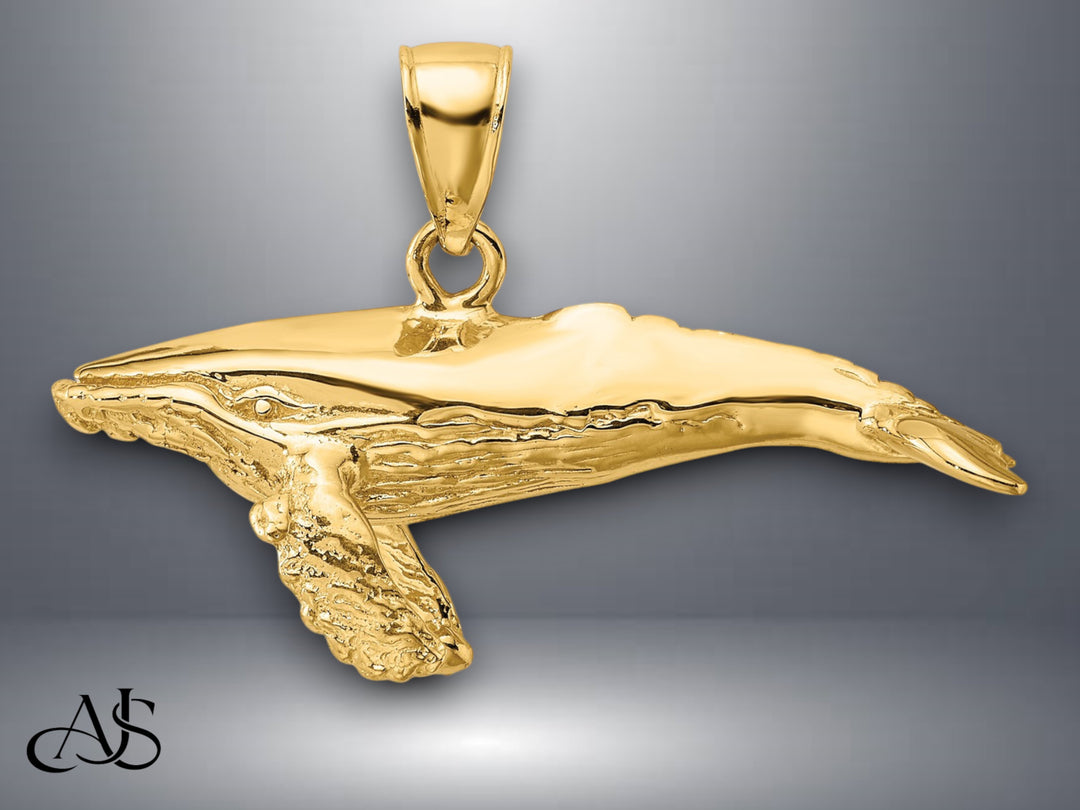 14K Yellow Gold Textured 3-D Underside Humpback Whale Charm with Necklace Chain Options