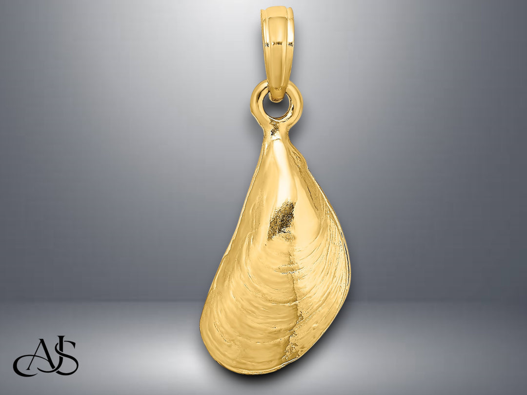 14K Yellow Gold 3-D Polished Mussel Shell Charm with Necklace Chain Options