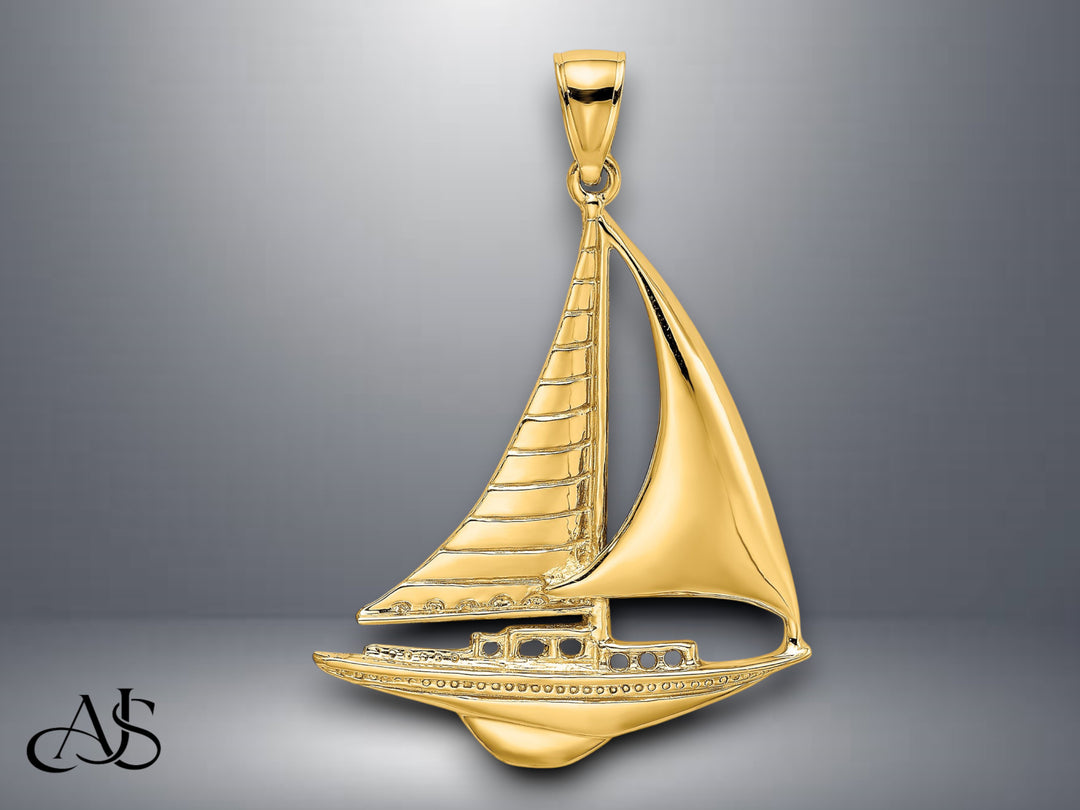 14K Yellow Gold Polished Sailboat Charm with Necklace Chain Options