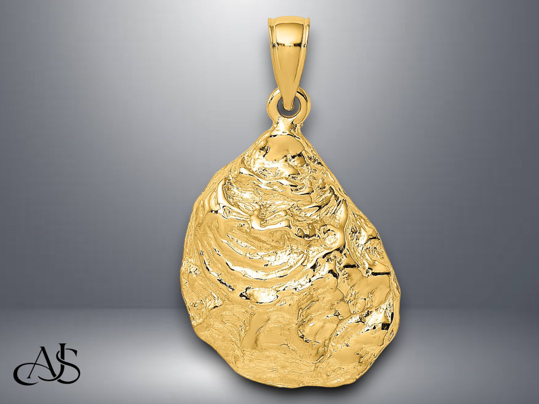 14K Yellow Gold Textured and Polished Oyster Shell Charm with Necklace Chain Options