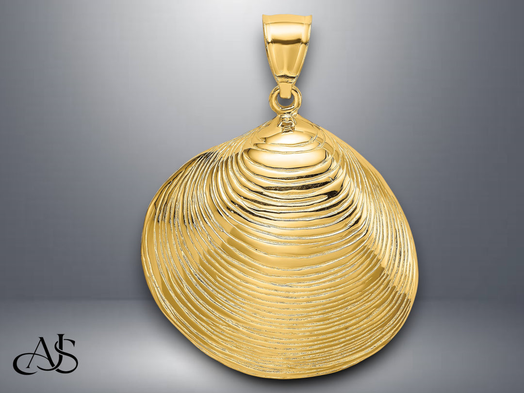 14K Yellow Gold Textured Clam Shell Charm with Necklace Chain Options