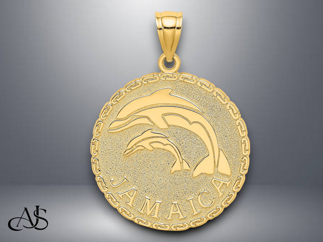 14K Yellow Gold JAMAICA and Dolphins Disk Charm with Necklace Chain Options