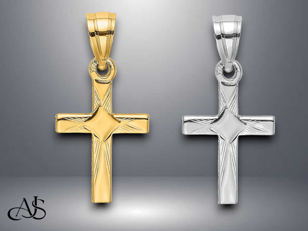 14K Yellow Gold White Gold Diamond Shape Center Mini Cross Charm with Necklace Chain Options