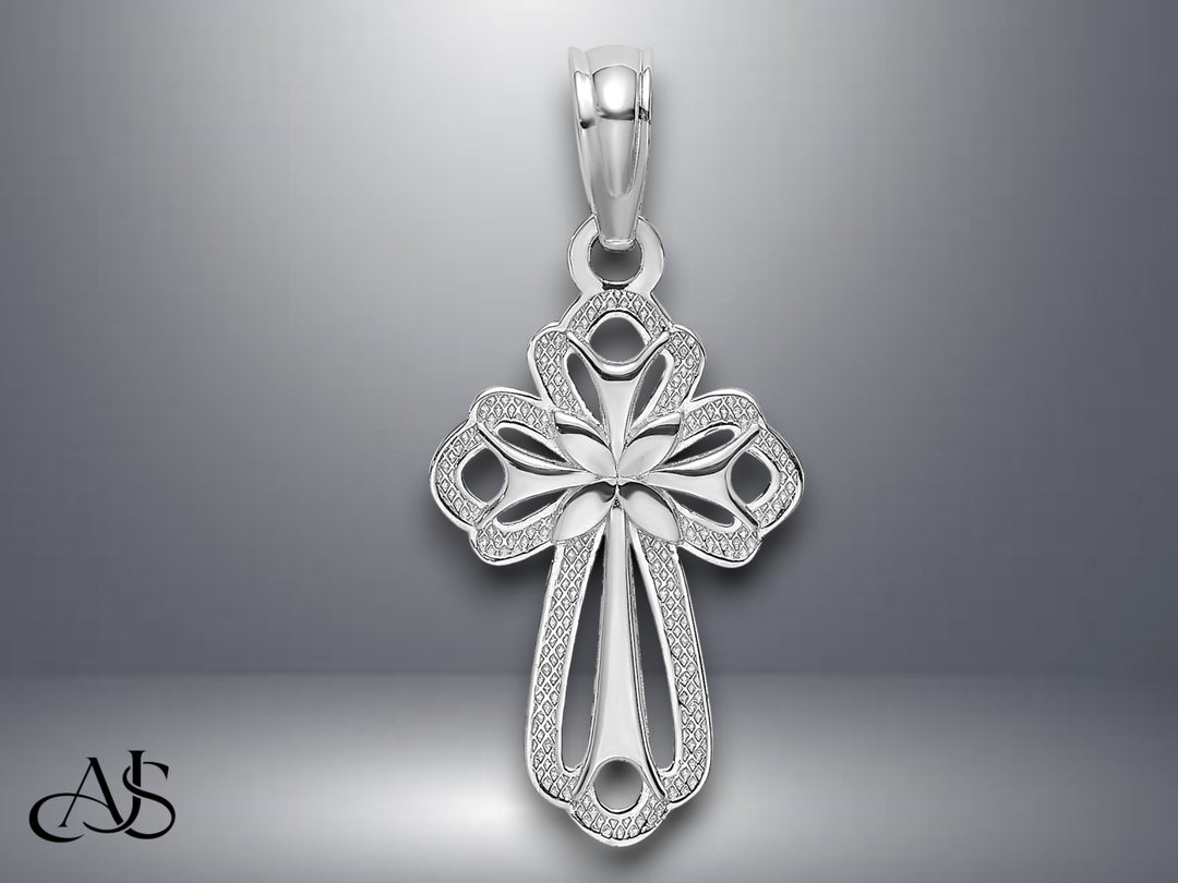 14K Yellow Gold White Gold Cut-Out Polished and Textured Cross Charm with Necklace Chain Options