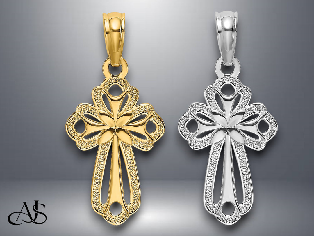 14K Yellow Gold White Gold Cut-Out Polished and Textured Cross Charm with Necklace Chain Options