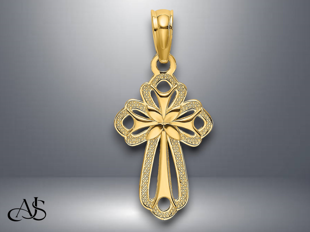14K Yellow Gold White Gold Cut-Out Polished and Textured Cross Charm with Necklace Chain Options