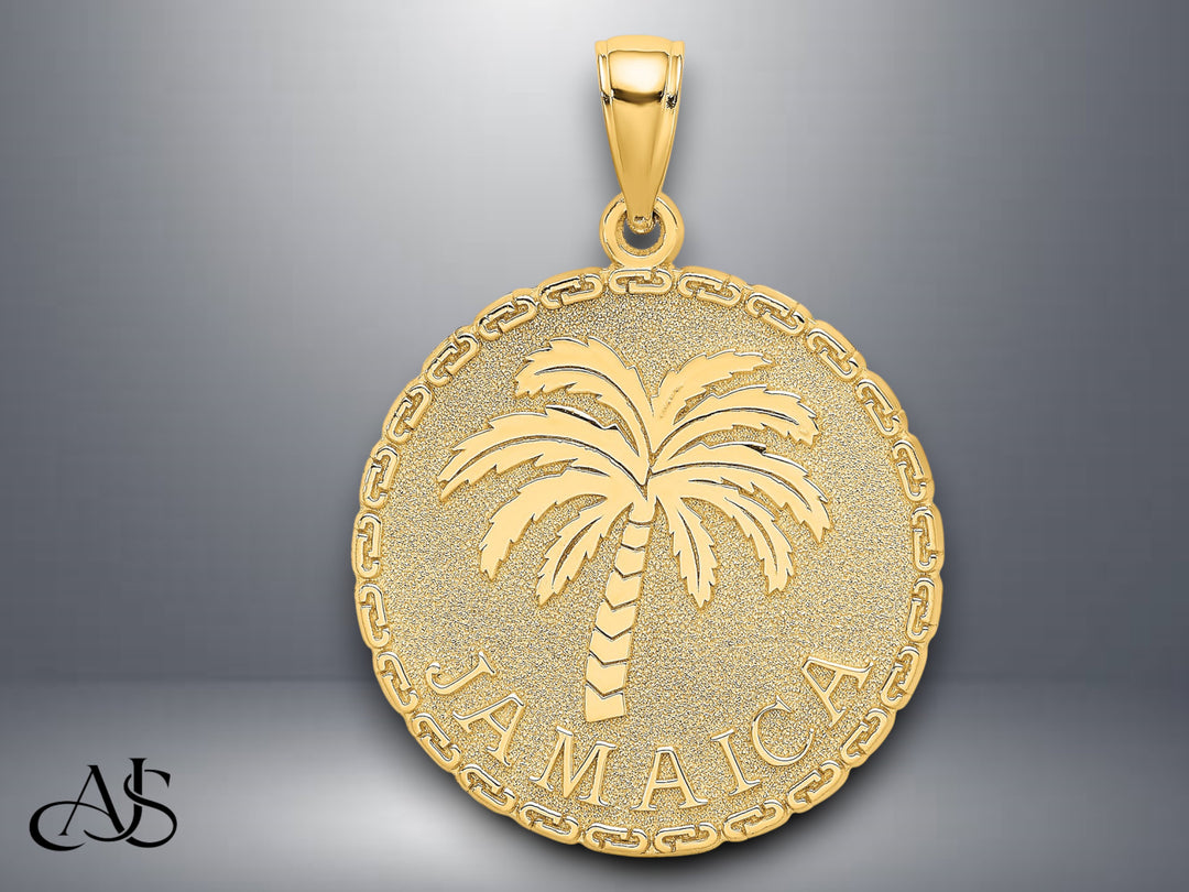 14K Yellow Gold JAMAICA and Palm Tree Disk Charm with Necklace Chain Options
