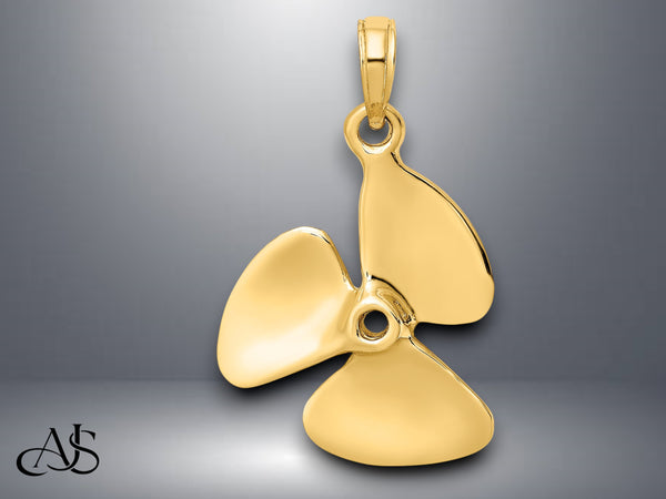14K Yellow Gold White Gold 3-D Polished Three Blade Propeller Charm with Necklace Chain Options
