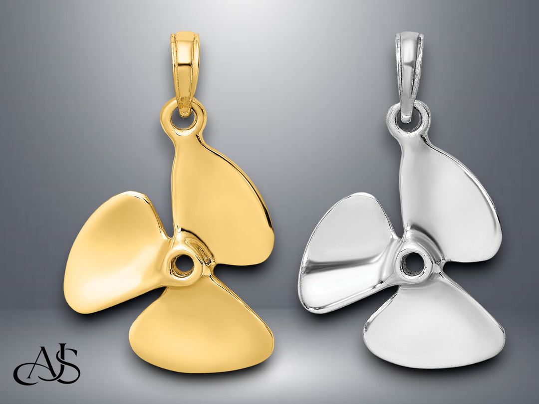 14K Yellow Gold White Gold 3-D Polished Three Blade Propeller Charm with Necklace Chain Options