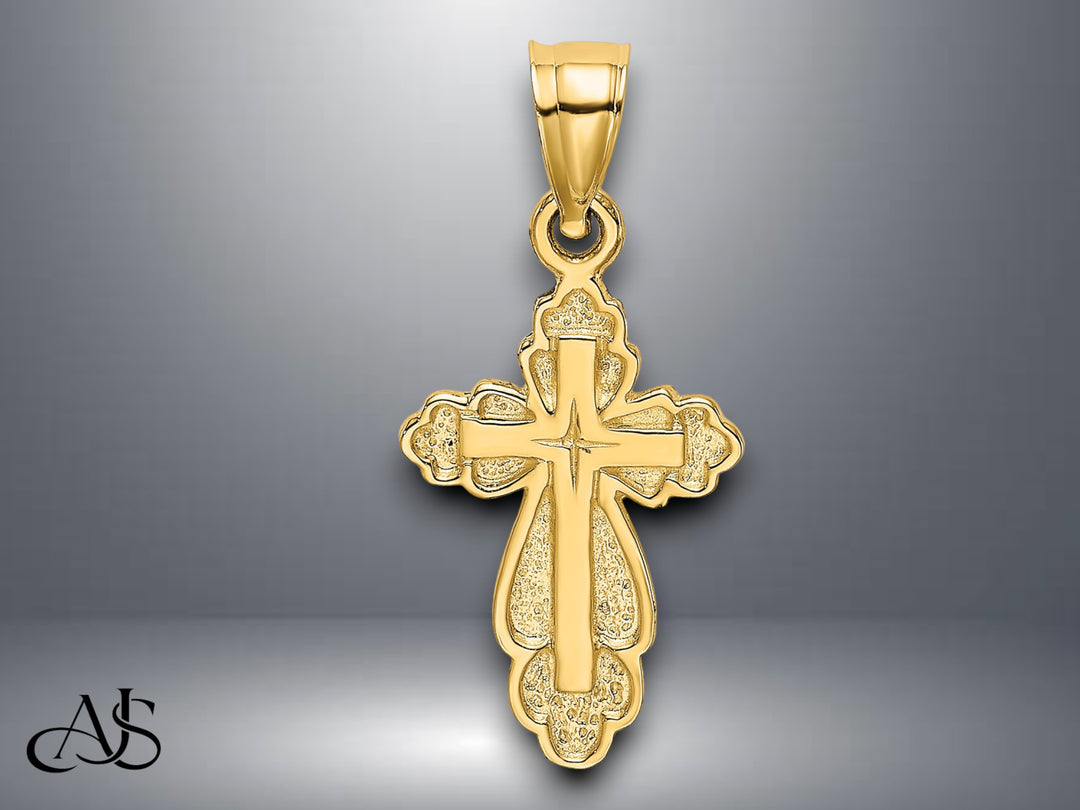 14K Yellow Gold Solid Polished and Textured Cross Charm with Necklace Chain Options