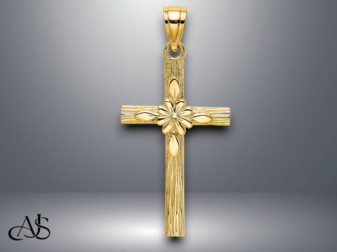14K Yellow Gold Cross w/ Flower Charm with Necklace Chain Options