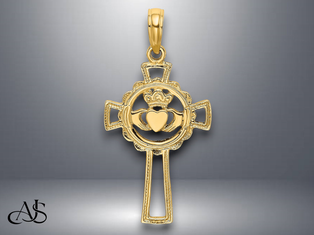 14K Yellow Gold Claddagh Cross Charm with Necklace Chain Options