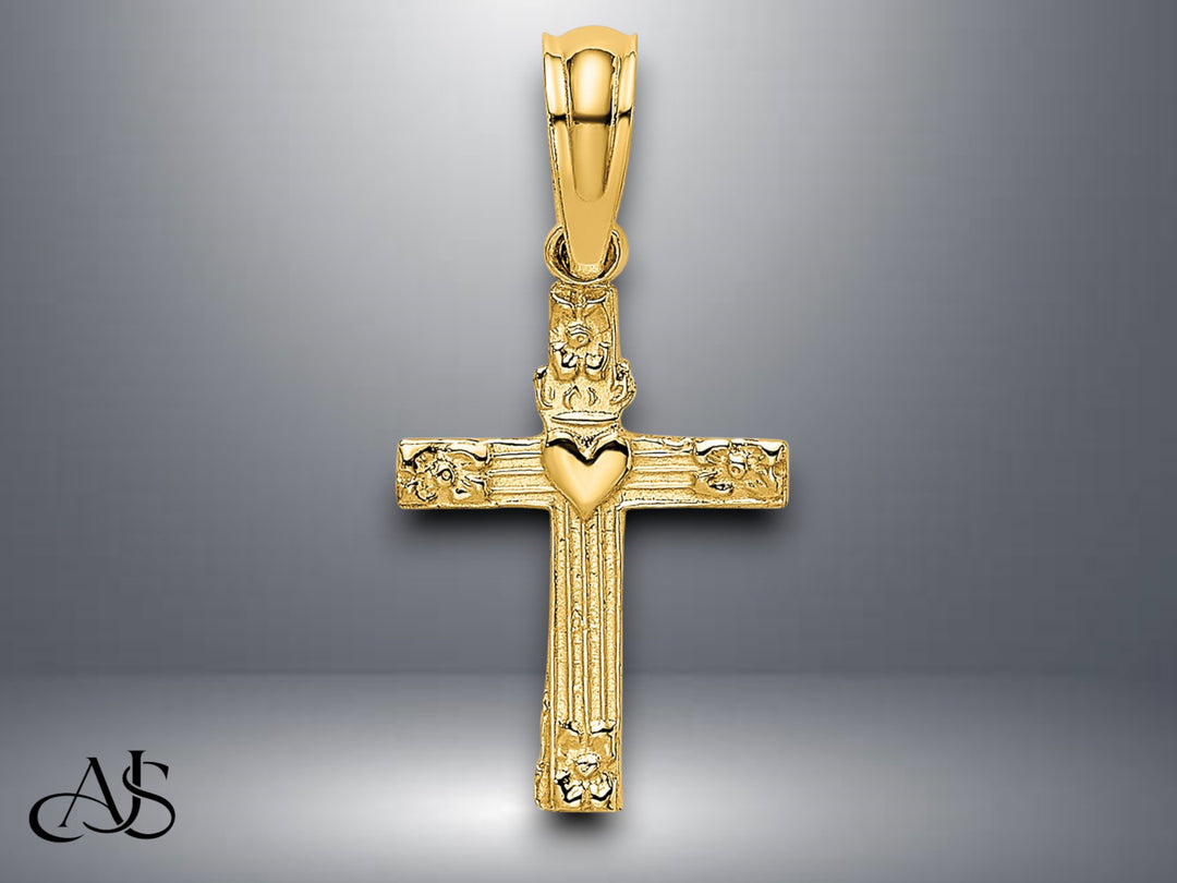 14K Yellow Gold Textured Mini Cross w/ Heart Charm with Necklace Chain Options