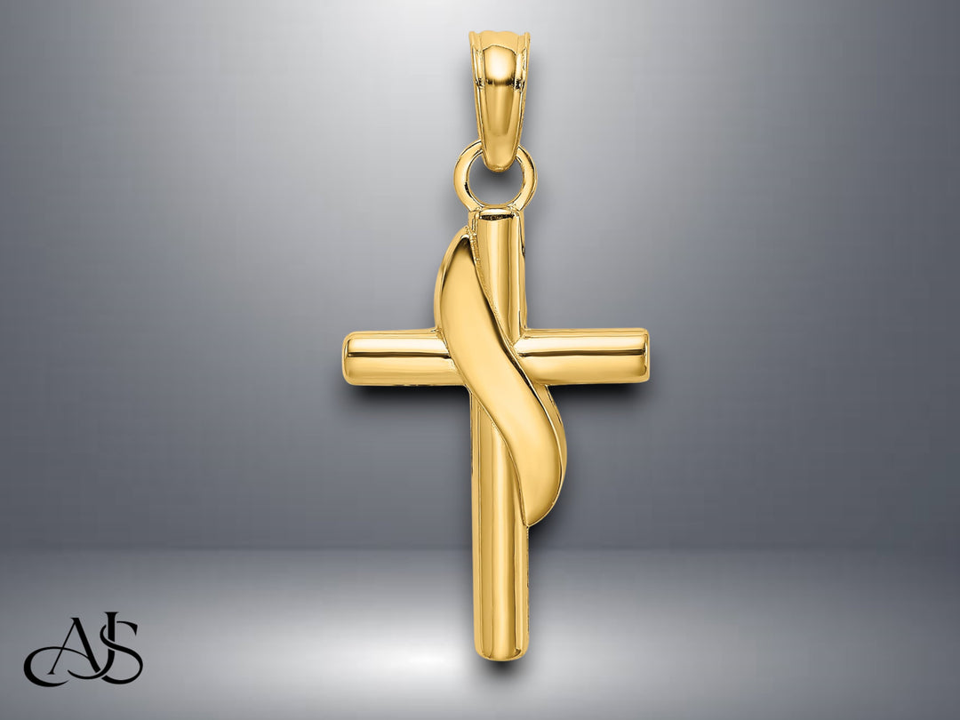 14K Yellow Gold Polished W/ Banner Cross Charm with Necklace Chain Options