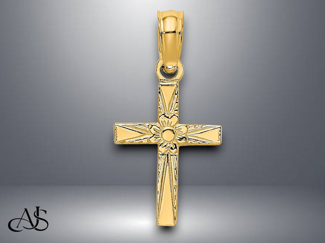 14K Yellow Gold Polished and Engraved Mini Cross W/ Flower Charm with Necklace Chain Options