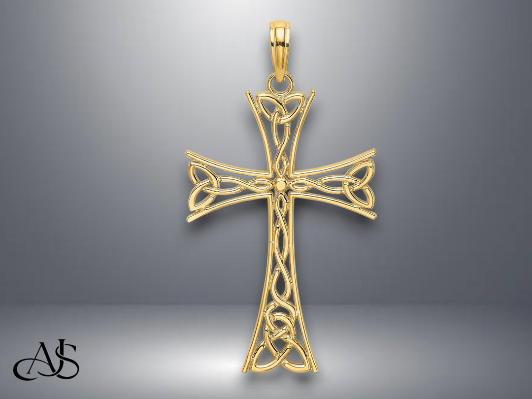 14K Yellow Gold Polished Celtic Knot Cross Charm with Necklace Chain Options