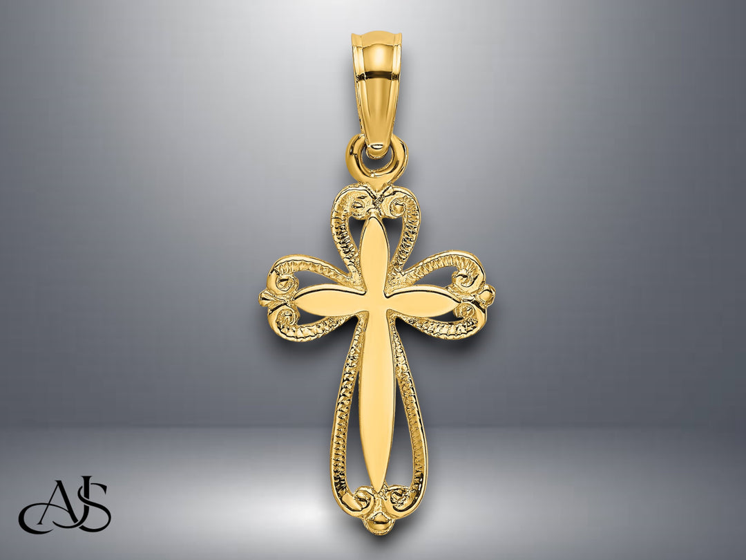 14K Yellow Gold Polished and Cut-Out Engraved Cross Charm with Necklace Chain Options