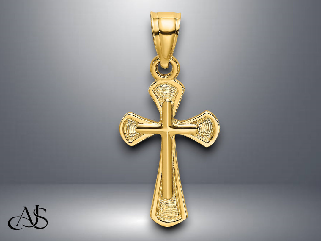 14K Yellow Gold Solid Textured Cross Charm with Necklace Chain Options