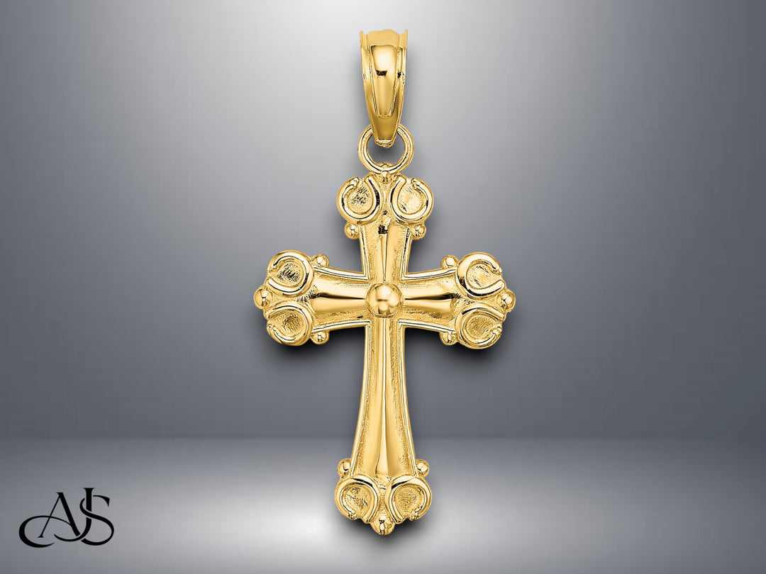 14K Yellow Gold Cross W/ Scroll Tips and Button Center Charm with Necklace Chain Options