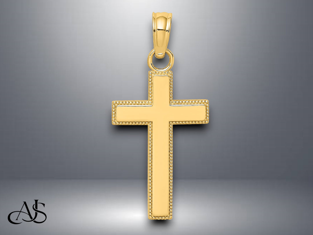 14K Yellow Gold Polished Block Style Beaded Edge Cross Charm with Necklace Chain Options