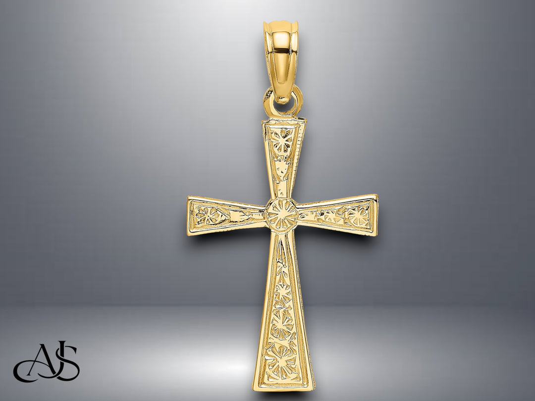 14K Yellow Gold Engraved Cross W/Flared Tips Charm with Necklace Chain Options