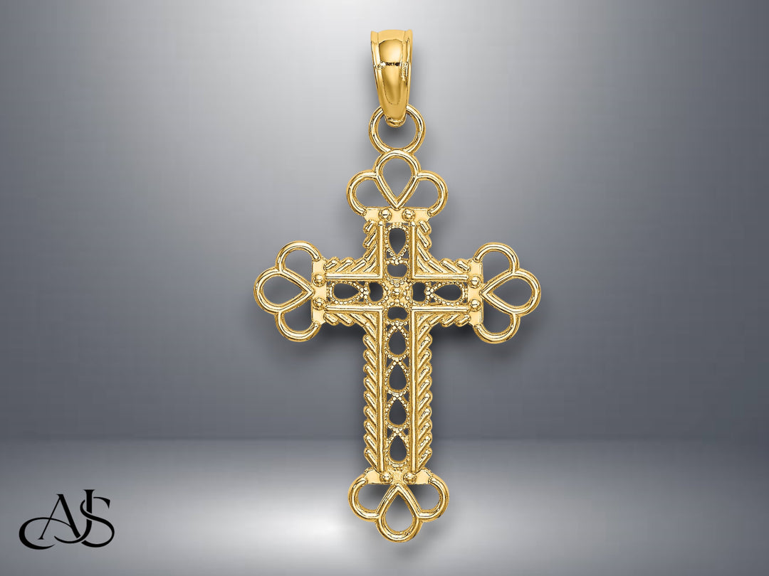 14K Yellow Gold Textured and Cut-Out W/ Rope Frame Block Cross Charm with Necklace Chain Options