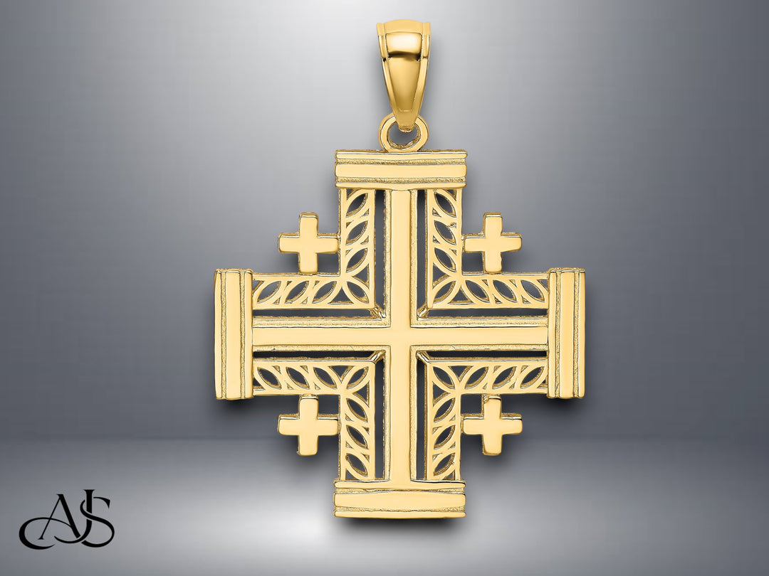 14K Yellow Gold Cut-Out Jerusalem Cross Charm with Necklace Chain Options