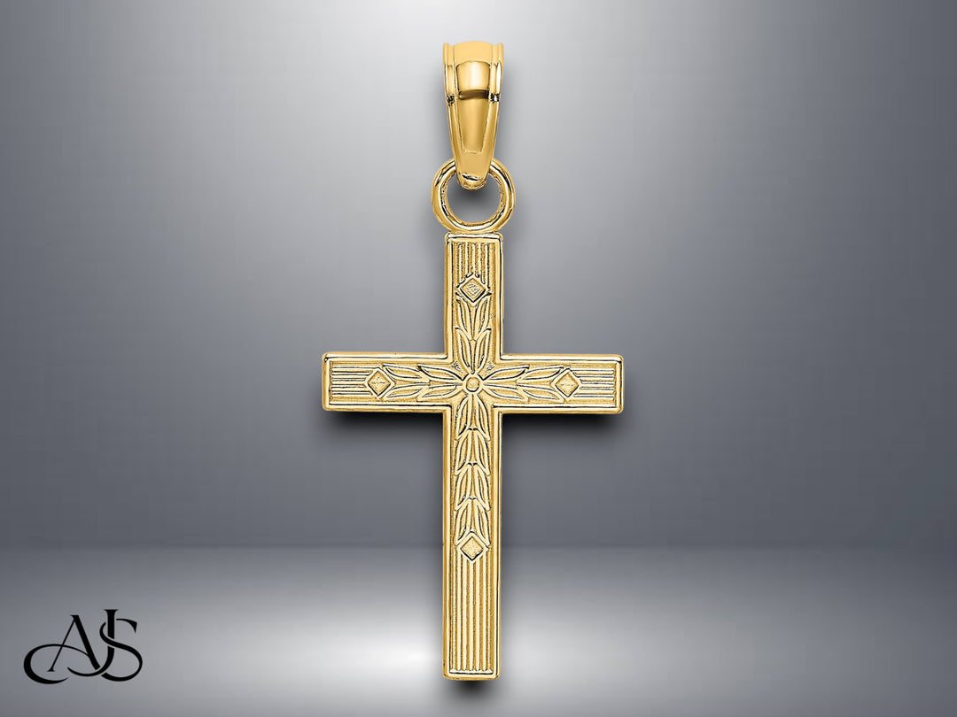 14K Yellow Gold Textured Center Block Cross Charm with Necklace Chain Options