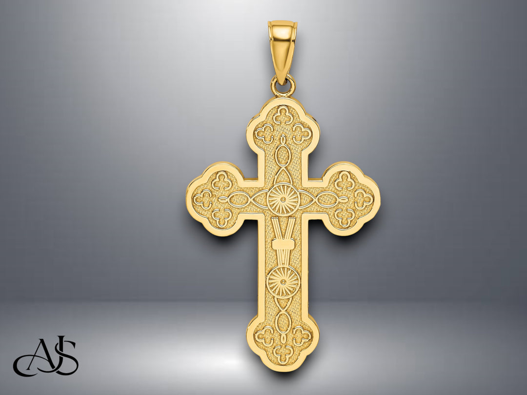 14K Yellow Gold Scroll Cross W/ Sunburst Center Charm with Necklace Chain Options