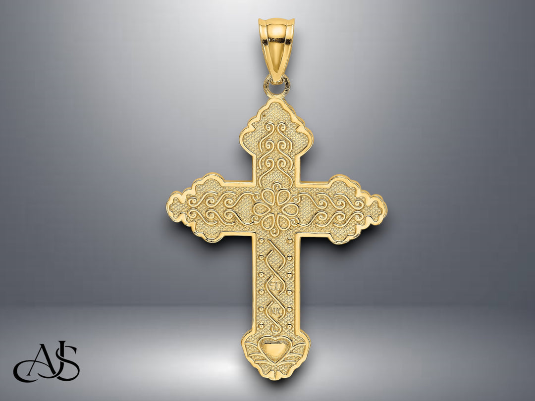 14K Yellow Gold Flower Center Scroll Cross Charm with Necklace Chain Options