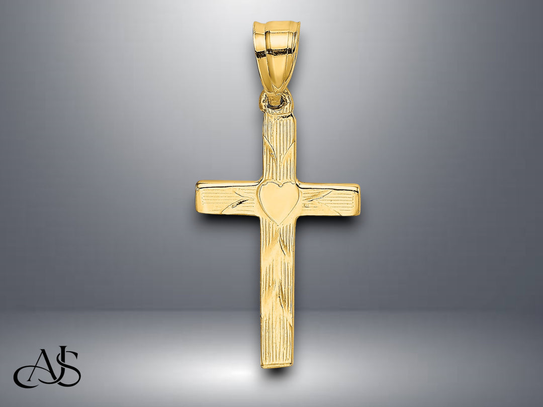 14K Yellow Gold Polished and Engraved Cross W/ Heart Center Charm with Necklace Chain Options