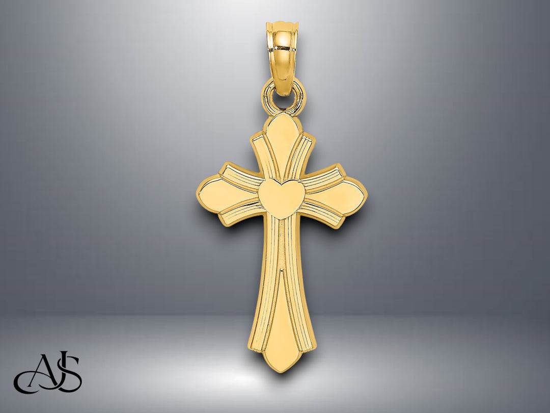 14K Yellow Gold Polished Cross w/ Heart Charm with Necklace Chain Options