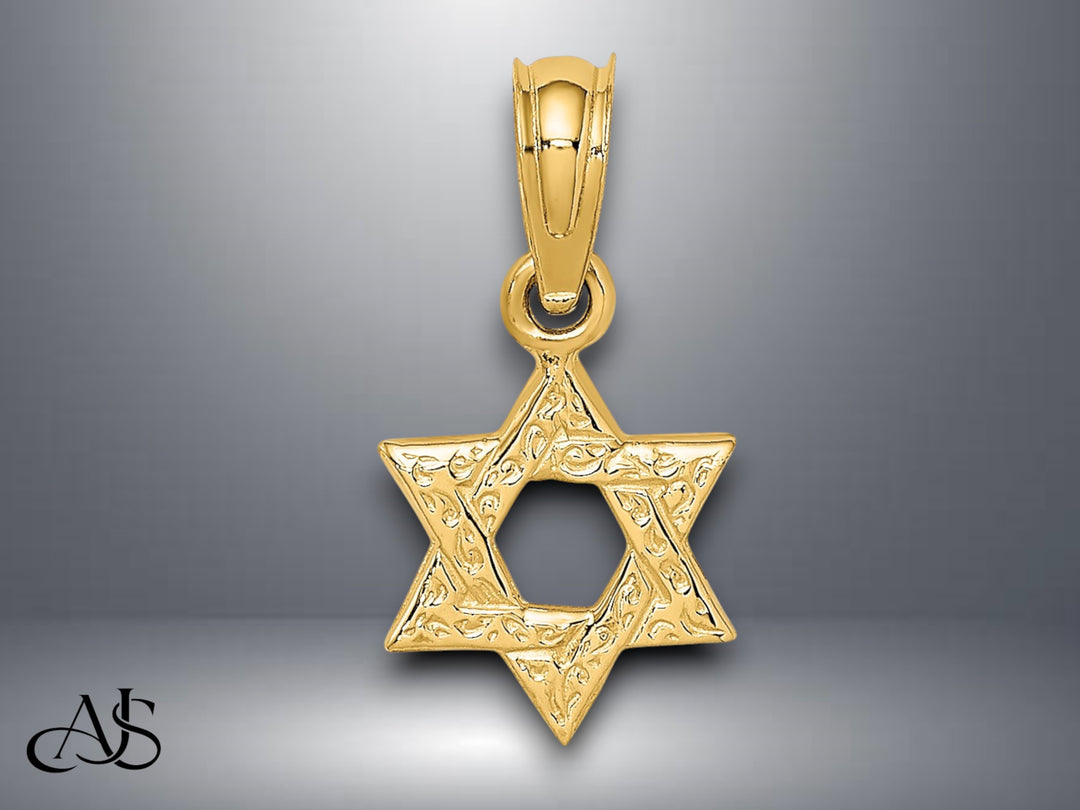 14K Yellow Gold Mini Star Of David w/ Engraved Swirl Charm with Necklace Chain Options